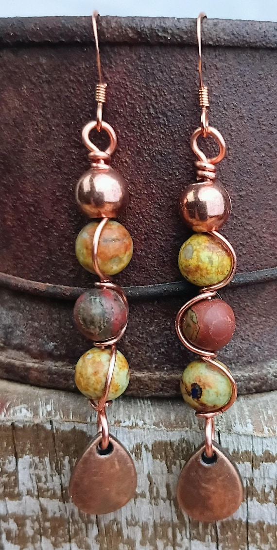 Wire Wrapped Red Creek Jasper, Copper Teardrop Dangle Earrings, Copper ear wires