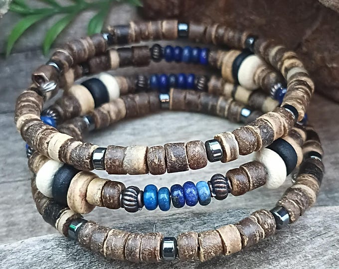 Men's Lapis & Coconut Shell Memory Wire Wrap Beaded Bracelet With Hematite and Antique Copper