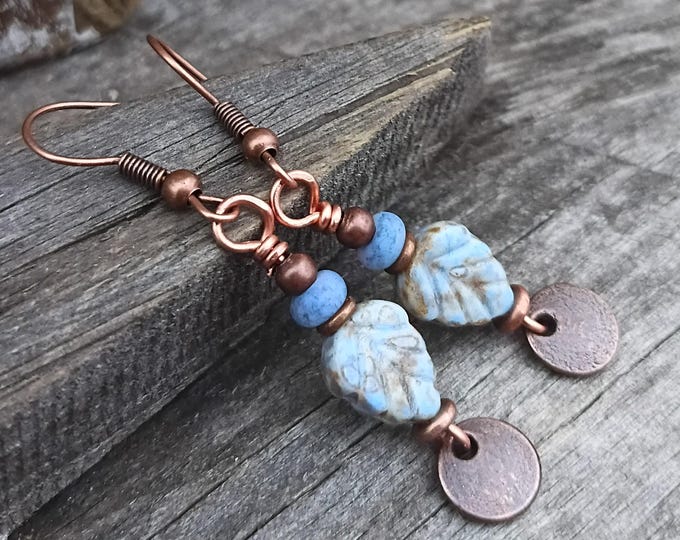 Blue Stone Czech Glass Small Leaf & Copper Coin Dangle Earrings- Chose Eare wire - Hypoallergenic
