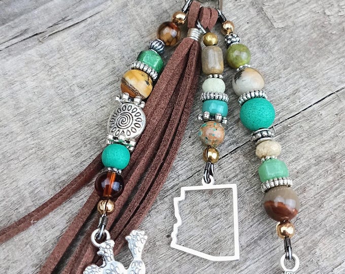 Cactus & Arizona State Beaded Keychain, Earthy Desert Colors, Bag Charm's - Handbag Accessory
