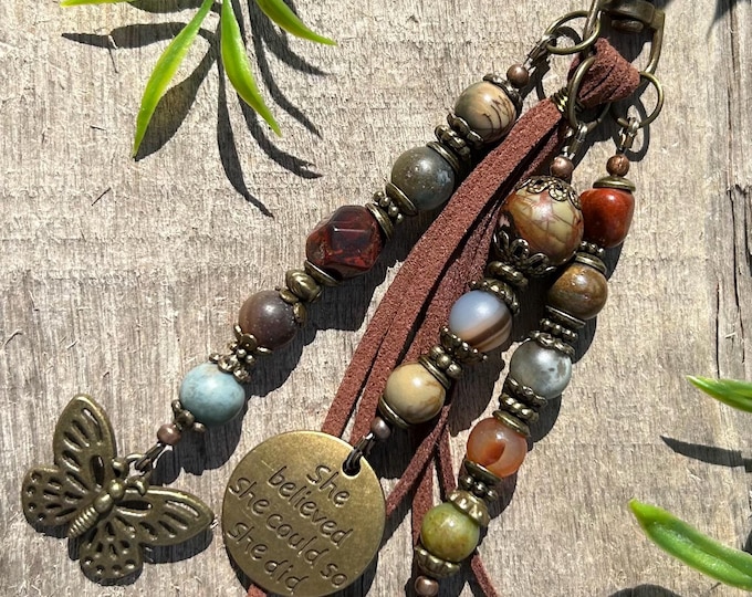 Butterfly & She Believed Earthy Bohemian Beaded Keychain, Bag Charm’s - Handbag Accessory - Purse Jewelry