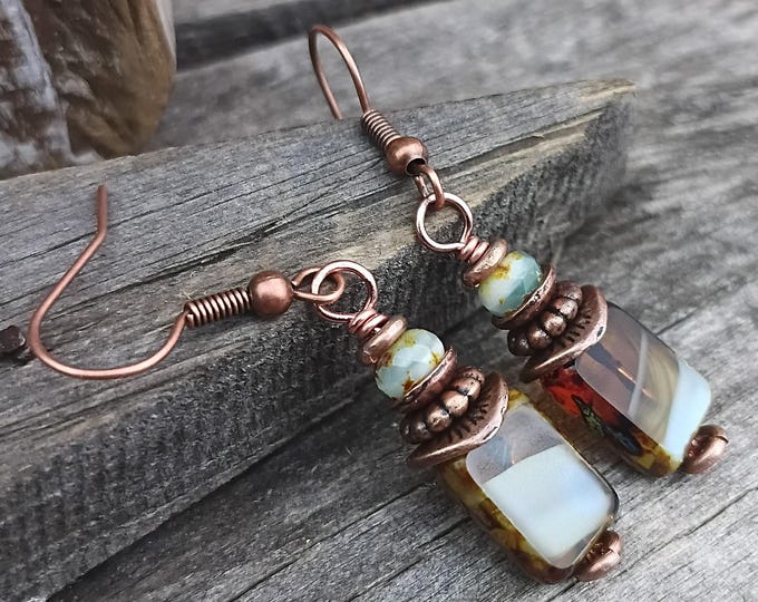 Amber Sky Czech Glass Rectangle Small Dangle Earrings, Chose Ear Wires - Hypoallergenic