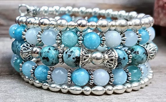 Light Blue and Silver Memory Wire Wrap Beaded Bracelet, Layered bracelets