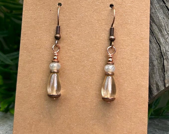 Small Champagne Czech Glass Teardrop Dangle Earrings- Choice of Hypoallergenic Ear Wire