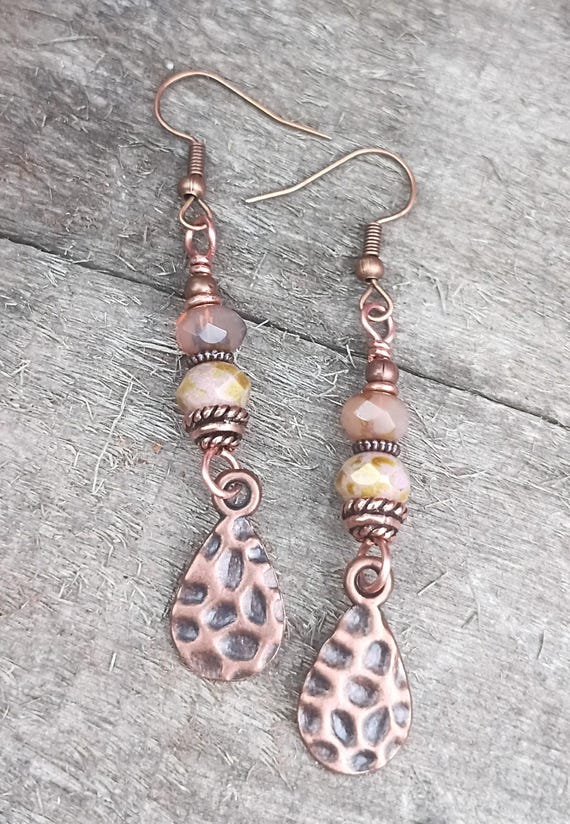 Rosie & Cashmere Opalite Czech Glass Dangle Earrings, Hammered Copper Teardrop Dangle, Hypoallergenic ear wires