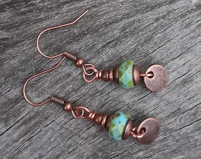 Earthy Moss Green Picasso Czech Glass & Copper Coin- Small Bohemian Dangle Earrings - Hypoallergenic