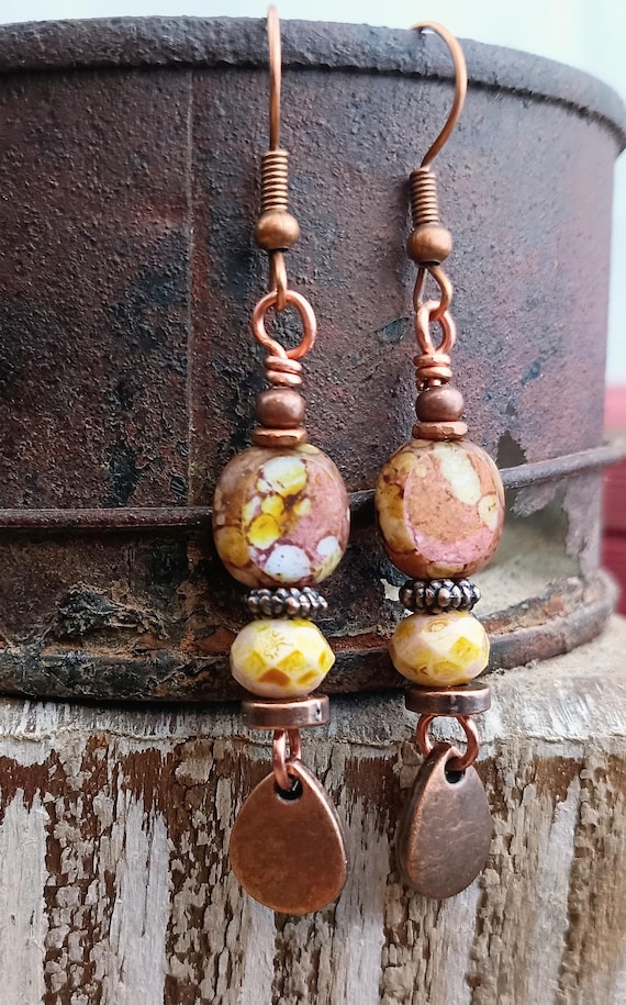 Antique Czech Glass Beaded Earrings, Raspberry Cream Picasso, Copper Teardrop Dangle