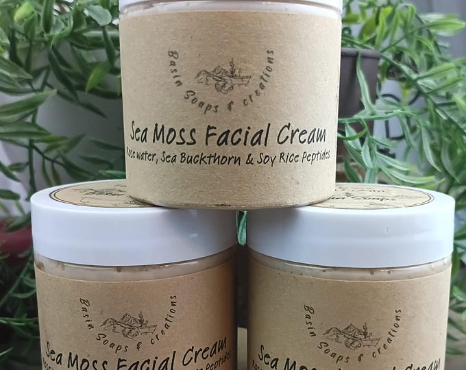 Sea Moss & Rose Infused Facial Cream, Sea Buckthorn  with Soy Rice Peptides 4oz jar