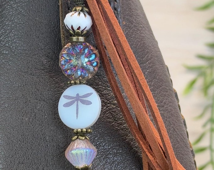 Alabaster White & Bronze Dragonfly Beaded Bag Charm- Purse Tassel