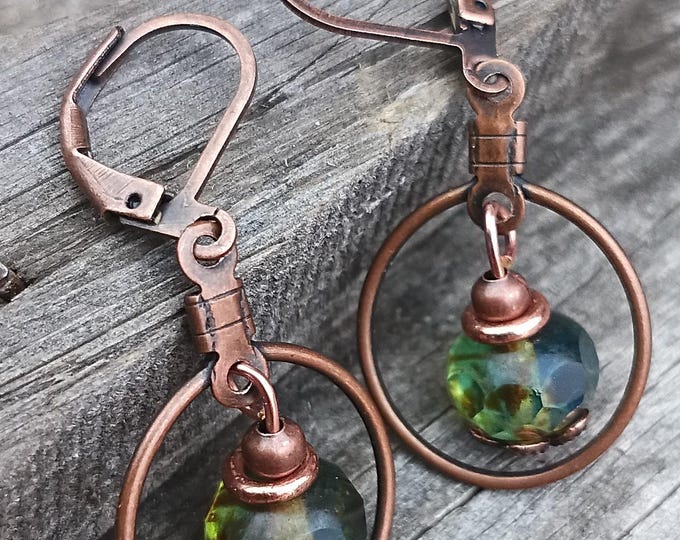 Small Copper Hoop Earrings with Earthy Olive Green Picasso Finish Czech Glass Dangle
