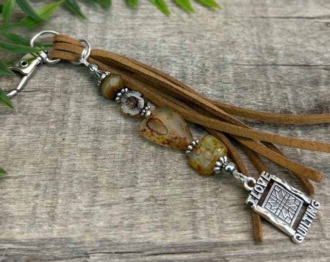 Honey Amber Czech Glass & I Love Quilting Bag Charm - Handbag Accessory, Minimalist