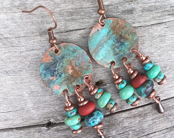 Patina Copper Coin Earrings, Turquoise Jasper Dangle, Southwest Style, Hypoallergenic Wire