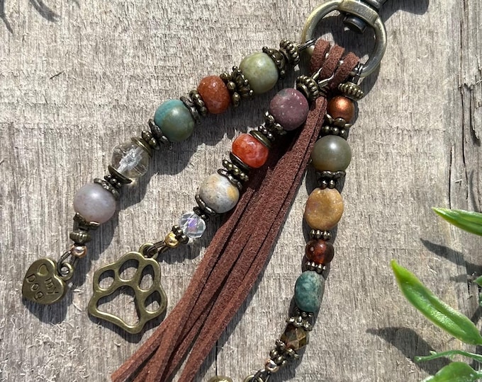 Pet Parent - Paw Print Bohemian Beaded Keychain, Mixed Gemstone- Bag Charm’s- Handbag Accessory