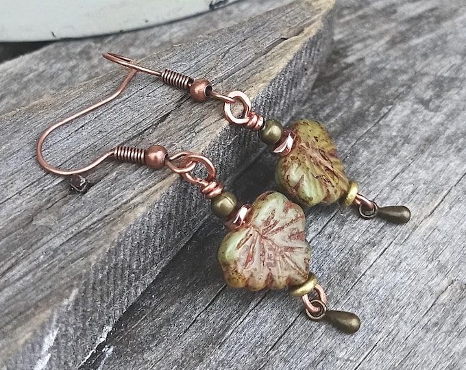 Maple Leafs Earthy Czech Glass Dangle Earrings- Chose Ear Wire