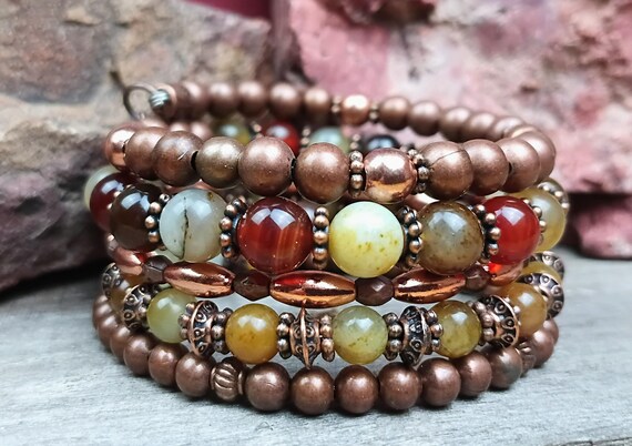 Red Agate, Carnelian and Copper Memory Wire Beaded Wrap Bracelet