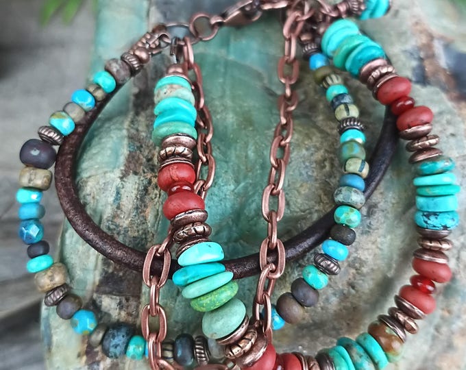 Kingman Turquoise, Matte Red Jasper & Czech Glass Multi Strand Bohemian Bracelet, Adjustable