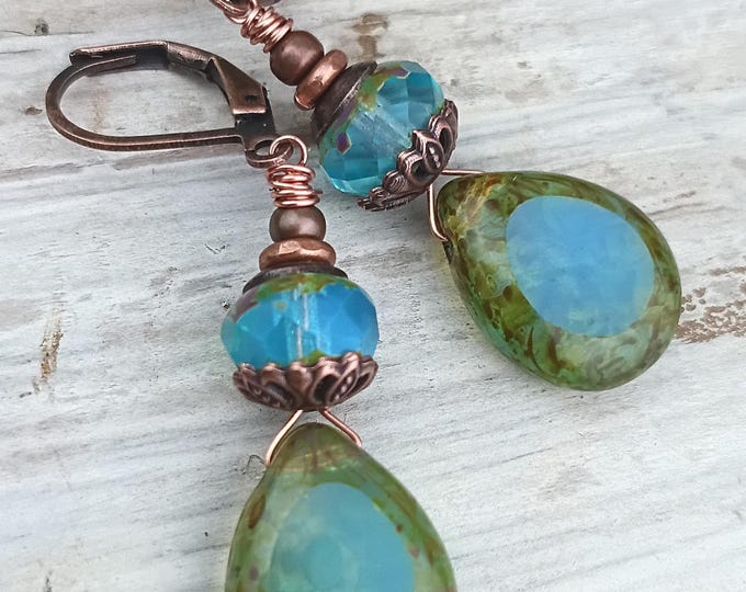 Milky Aqua Picasso Pear Drop Dangle Earrings, Semi Translucent Blue Opaline,