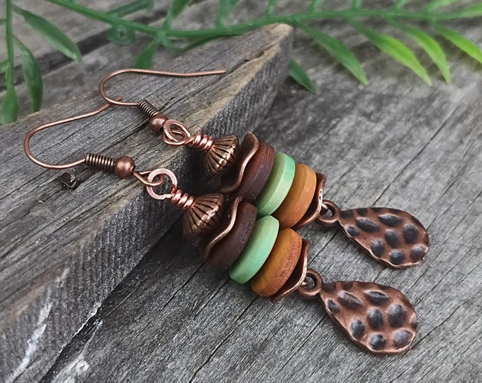 Fall Color's Wood Bead, Copper Accents Boho Dangle Earrings