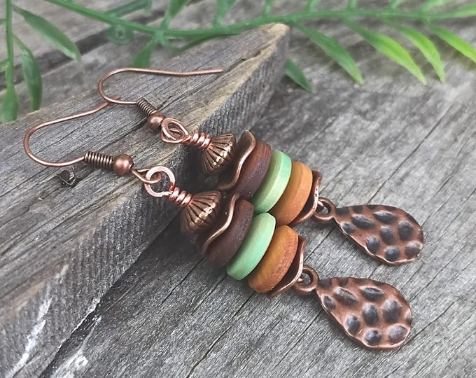 Fall Color's Wood Bead, Copper Accents Boho Dangle Earrings