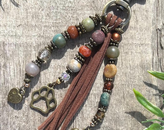 Pet Parent - Paw Print Bohemian Beaded Keychain, Mixed Gemstone- Bag Charm’s