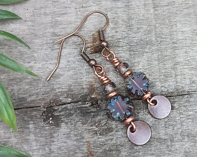 Small Amethyst Czech Glass & Coin Dangle Earrings- Chose Ear Wire