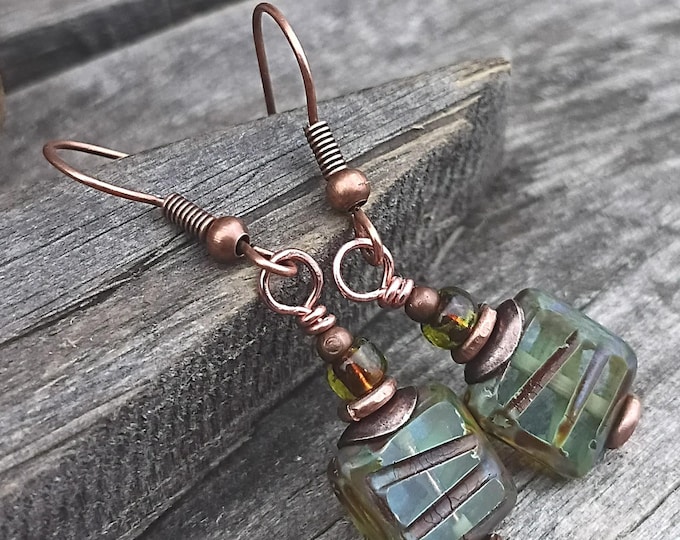 Rustic Earthy Green/Blue Czech Glass Square Earrings