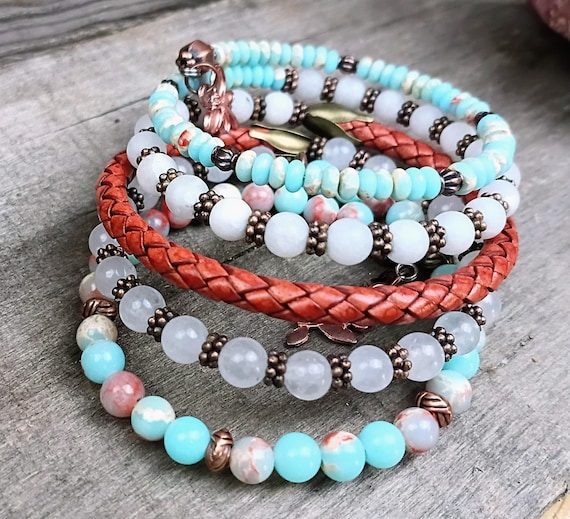 Boho Memory Wire Wrap Beaded Bracelet, Jasper, leather and Copper. Multi Strand