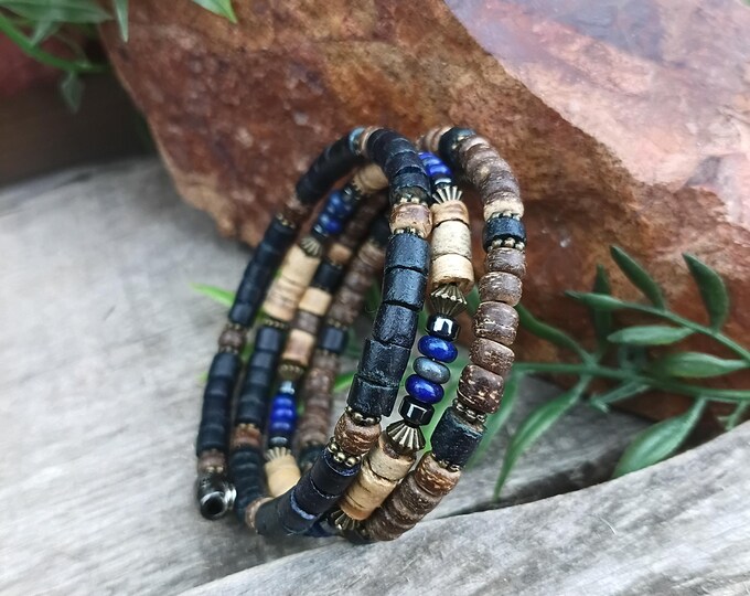 Men's Lapis, Coconut Shell with Hematite & Bronze Memory Wire Wrap Beaded Bracelet