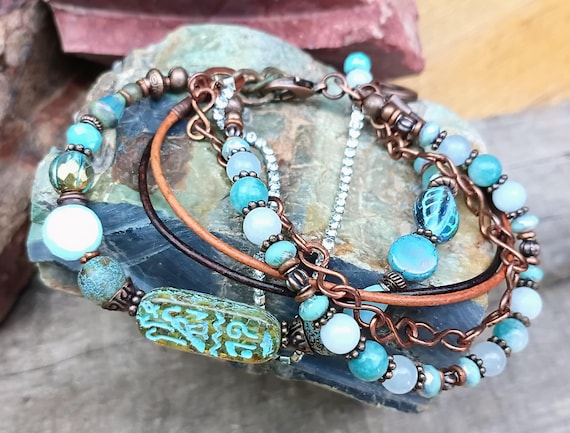 Bohemian Multi Strand Bracelet, Czech Glass, Chalcedony, Leather, Copper, Rhinestone