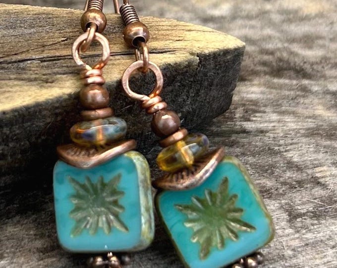 Opaque Turquoise Czech Glass Square & Coin Boho Earrings, Hypoallergenic Ear Wire