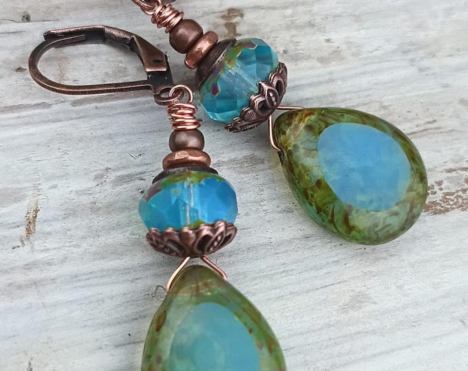 Milky Aqua Picasso Pear Drop Briolette Dangle Earrings, Semi Translucent Blue Opaline, Earthy Bohemian Earrings