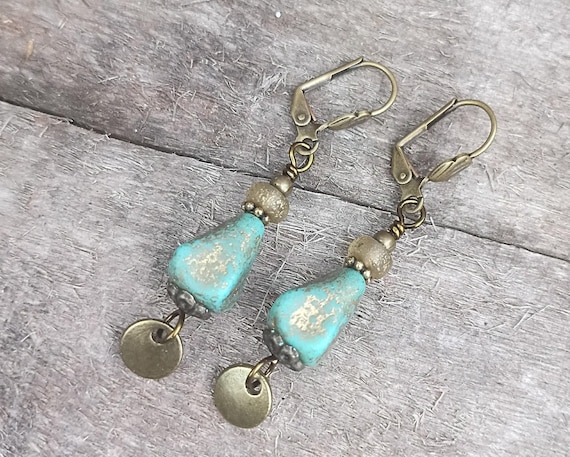 Turquoise Green Color Matte And Gold Picasso finish Czech Glass with Bronze Charm Dangle