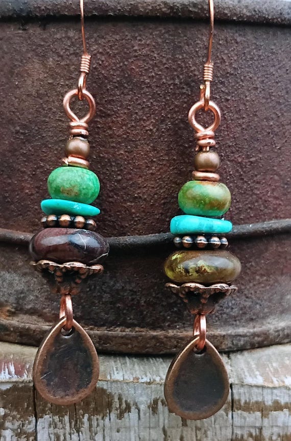 Turquoise and Botswana Copper earrings with Copper teardrop dangle.