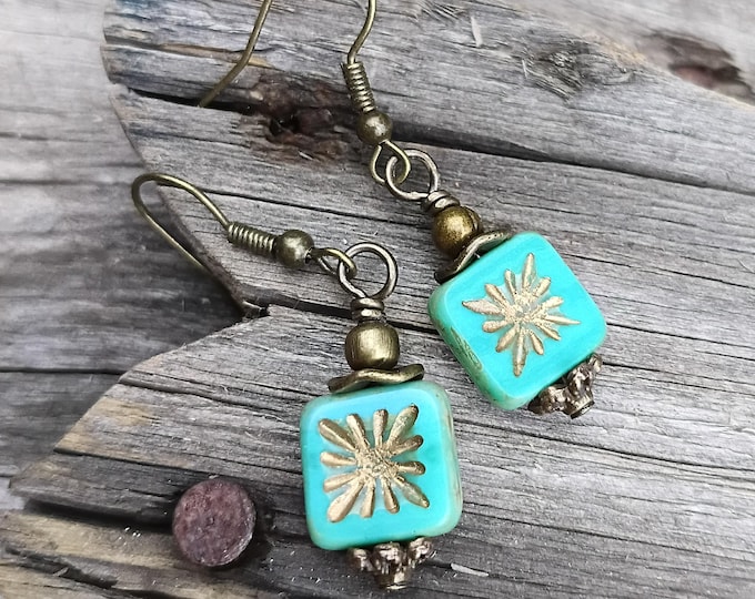 Etched Square Tile Petite Czech Glass Dangle Earrings