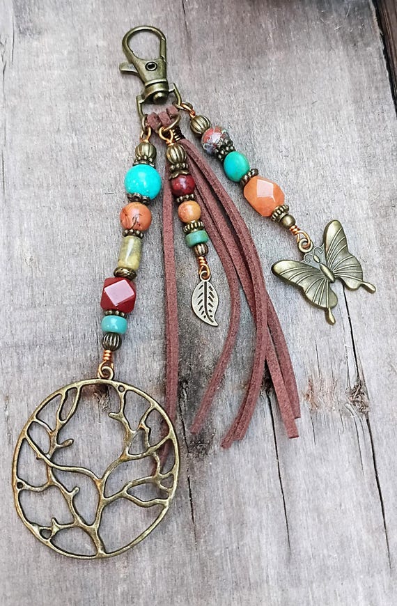 Beaded Keychain Tassel, zipper pull, Antique Bronze, Gemstones with Charms