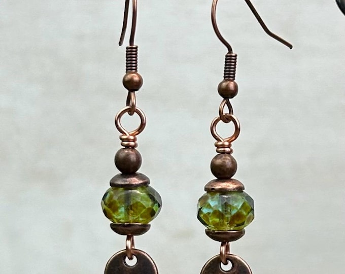 Earthy Green Picasso Finish Czech Glass & Coin Dangle Earrings - Choice of Ear Wire