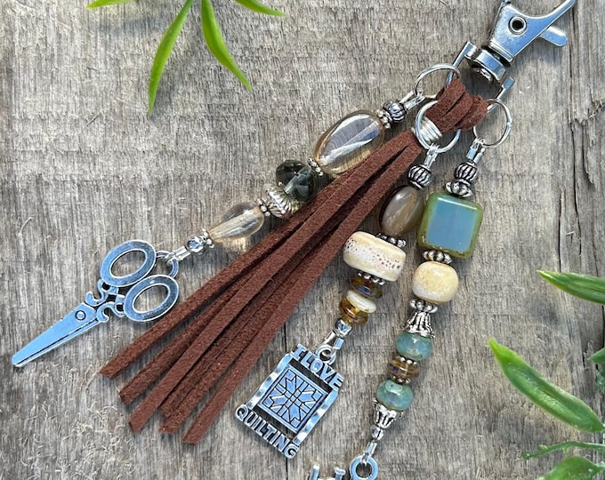 I Love Quilting - Bag Charm’s- Handmade Beaded Keychain, Czech Glass - Handbag Accessory