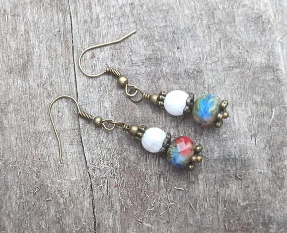 Red White and Blue Dangle Earrings, Czech Glass, Hypoallergenic ear wires with Bronze.
