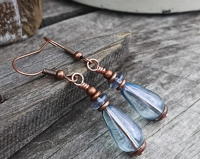 Lumi Blue Czech Glass Teardrop Boho Dangle Earrings, Chose Ear Wire - Hypoallergenic