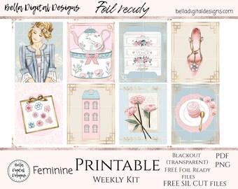 FOIL READY Feminine printable planner stickers. Erin Condren and Happy Planner weekly kit. Glam girl lace pink spring tea flowers book
