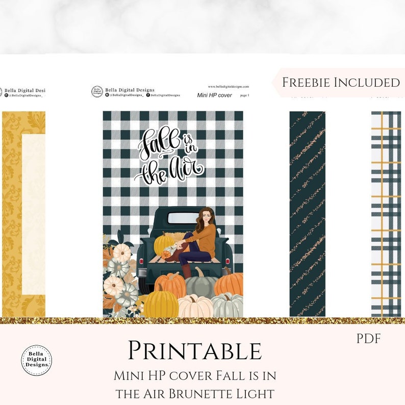 Mini HP Brunette Light Fall is in the Air printable planner cover Mini Happy Planner printable planner cover Girls glam pumpkin Autumn