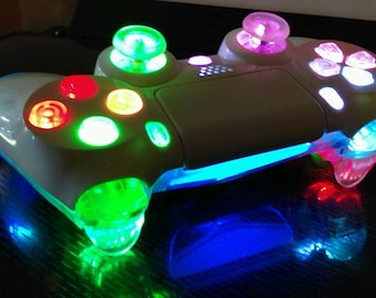 PS4 Custom Wireless Controller/Gamepad - Gloss White on Clear - Multi Color RGB Slow Changing LED with On/Off Switch