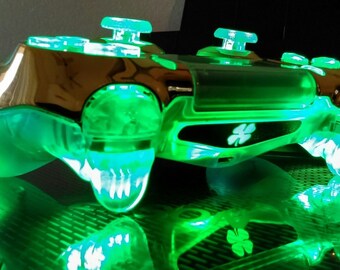 PS4 Custom Wireless Controller/Gamepad - Gold Chrome on Transparent Clear - Green LED with On/Off Switch - Lucky Charm Clover SE