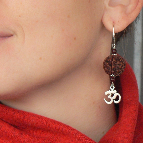 Rudraksha earrings with Garnet and OM symbol, Real 5 Mukhi Rudraksh seed bead, Hindu Shiva Shakti jewelry, Kundalini, Meditation mantra AUM