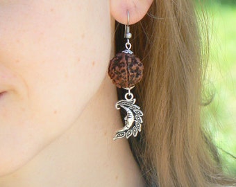 Rudraksha Earrings, Spiritual Moon Charm, Shiva Shakti Jewelry