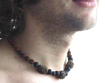 Real Rudraksha Seed Necklace, Lava Stone, Shiva Shakti Mala