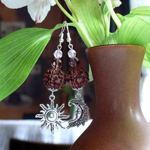 Rudraksha earrings with Sun Moon symbol, Shiva Shakti jewelry, Hindu wedding, Kundalini Yoga, Rudraksh for women, Real 5 Mukhi seed beads