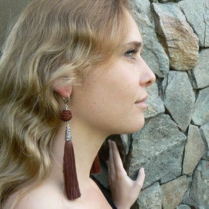 Rudraksha earrings with tassel, Extra long beaded earrings, Rudraksh silver, Festival Indian hippie adornment, Shiva Shakti, Gift for her