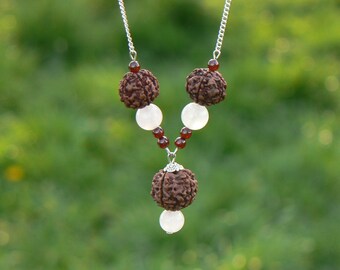 Rudraksha Mala Necklace, Rose Quartz Garnet Healing Crystals, Yoga Jewelry