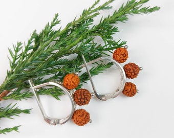 Sterling Silver Rudraksha Earrings, 5 Mukhi Seed Beads, Spiritual Jewelry
